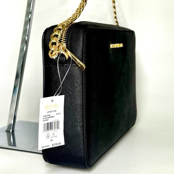 Michael Kors Jet Set Large Signature Logo Crossbody Bag Black/Gold - Picture 4 of 8